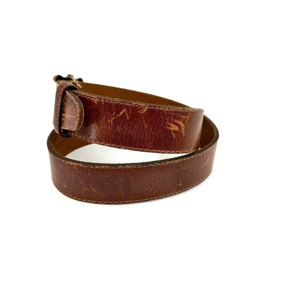 Vintage 90s Distressed Brown Leather Belt With Brass Faucet Buckle